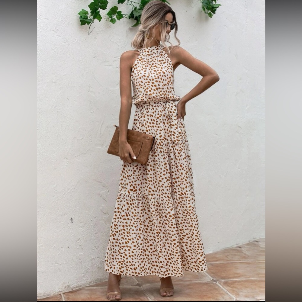 Boho floral print belted halter maxi dress